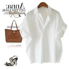 跨境2024春秋新款韩国女装外贸原单白色宽松蝙蝠袖V领短袖衬衫女