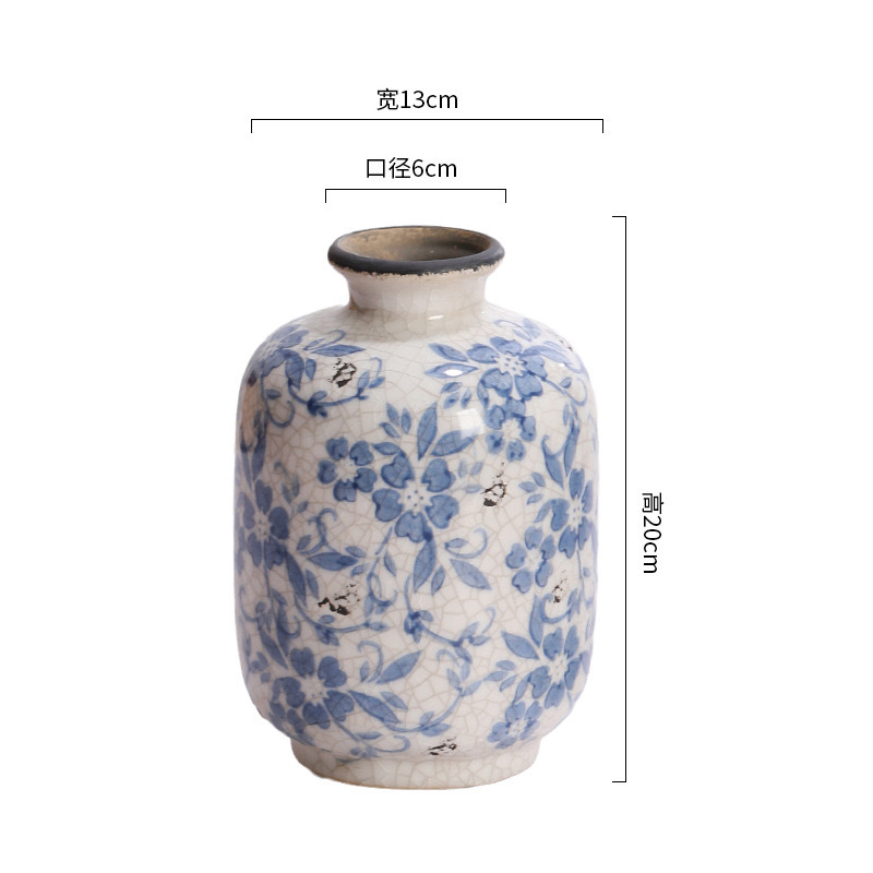 French Retro Old Ice Crack Blue and White Porcelain Vase Ceramic Vase Hydroponic Flower Pot One Piece Dropshipping