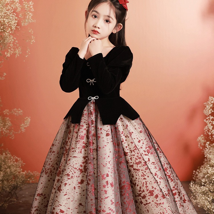 黑色晚礼服女童轻奢小众高端公主裙冬季儿童主持人钢琴演奏演出服