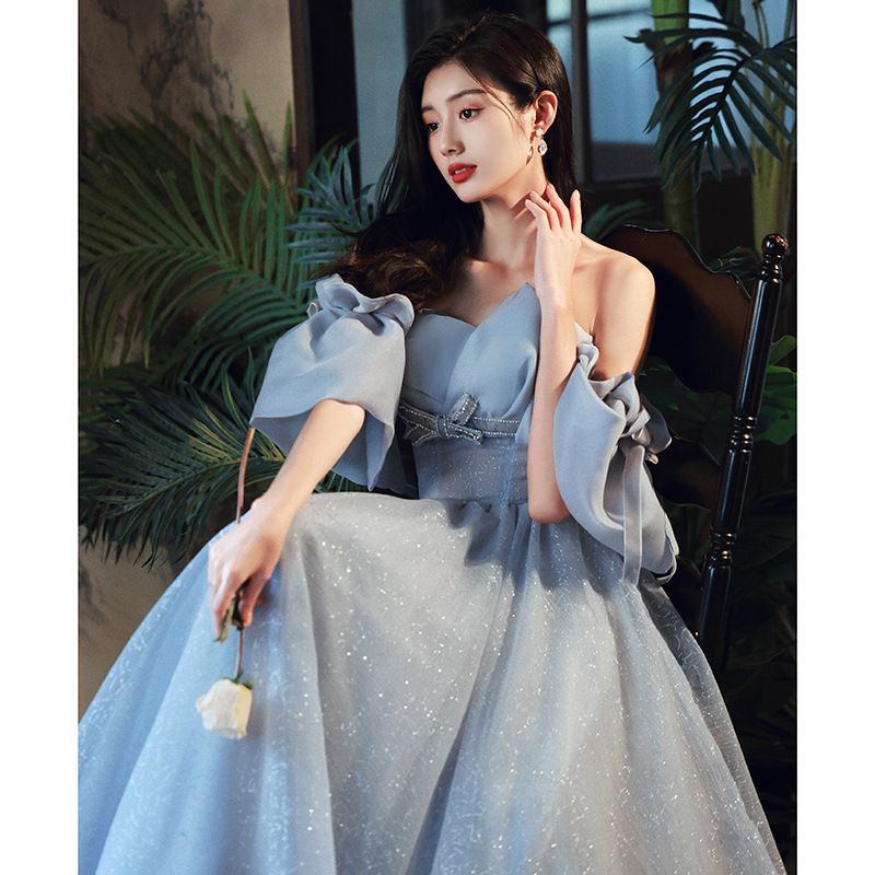 礼服仙女系生日甜美超仙一字肩收腰显瘦蓬蓬吊带连衣裙法式泡泡袖