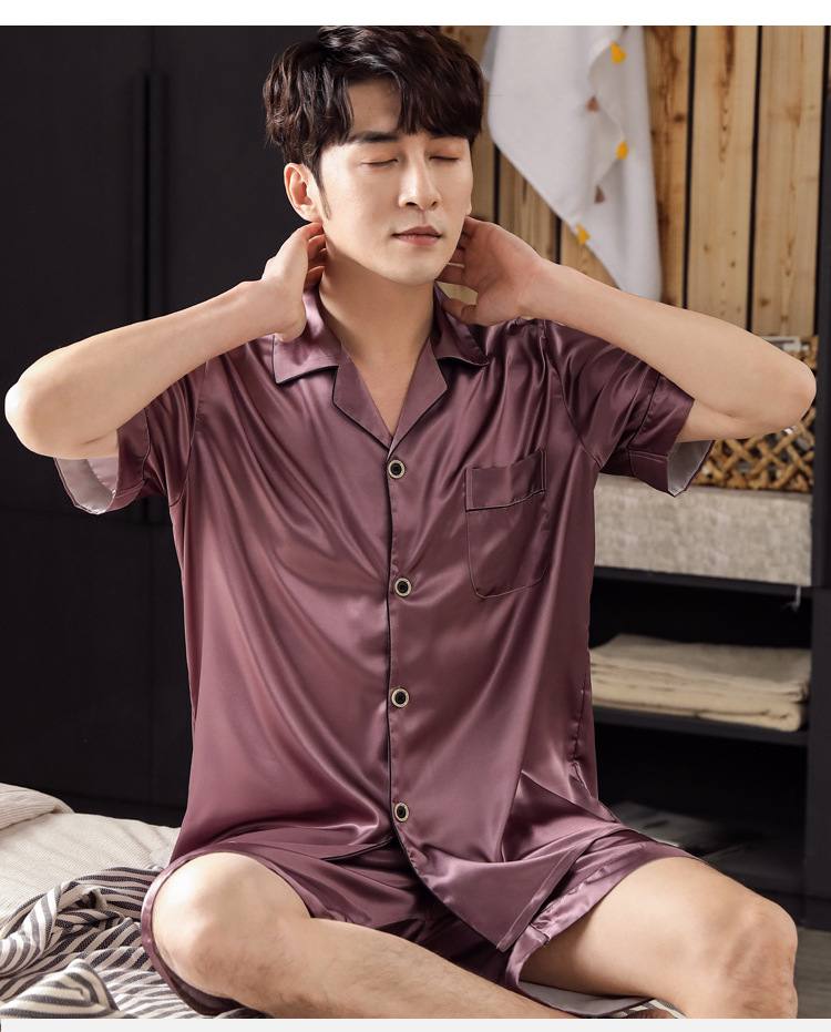 男士冰丝睡衣夏衬衫式短袖短裤薄款纯色简约宽松丝绸家居服套装男