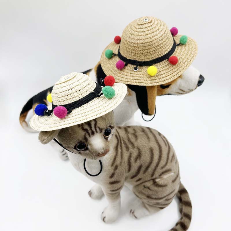Cross-Border Dog Cat Pet Christmas Hat Cute Fur Ball Straw Hat Holiday Mexican Party Decorations Funny