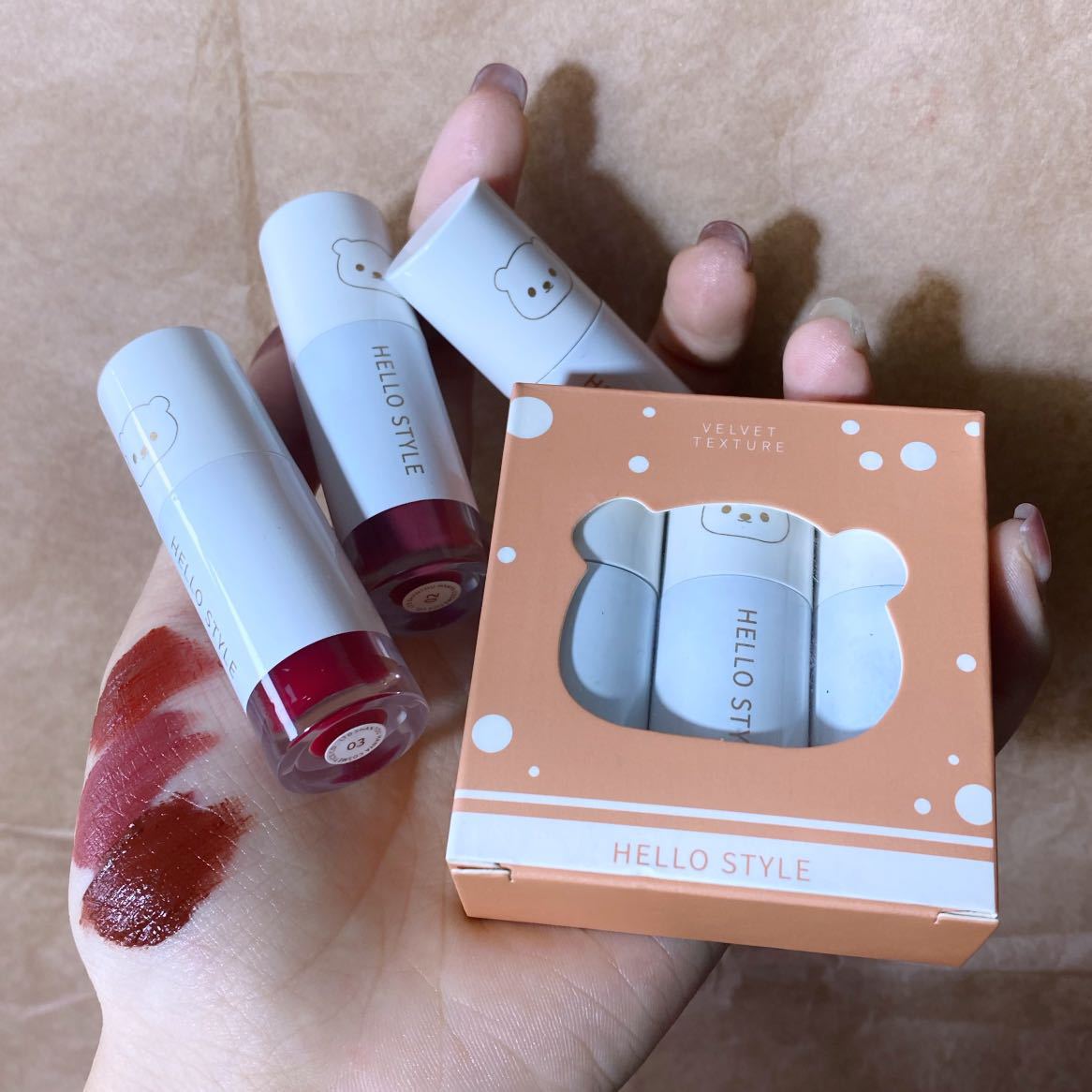 hello style三支装呆呆熊唇釉水光镜面套装口红唇彩唇泥学生款女