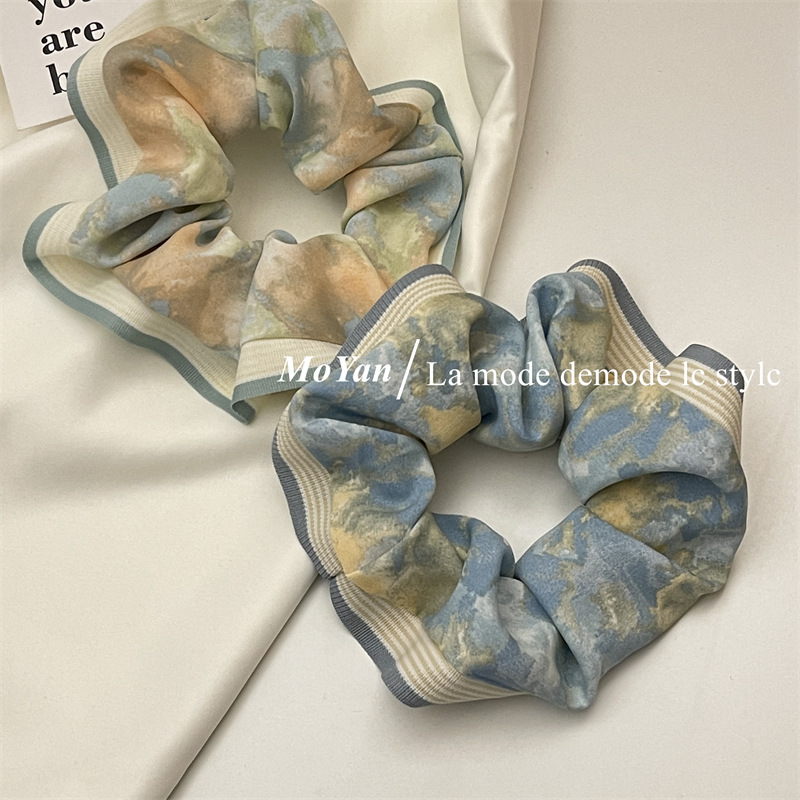 Japanese and Korean Simple Flower in Ink Cloth Hair Ring Women's Hair Rope Hair Rubber Band Large Intestine Ring Mori Fairy Beautiful Hair Rope Hairware