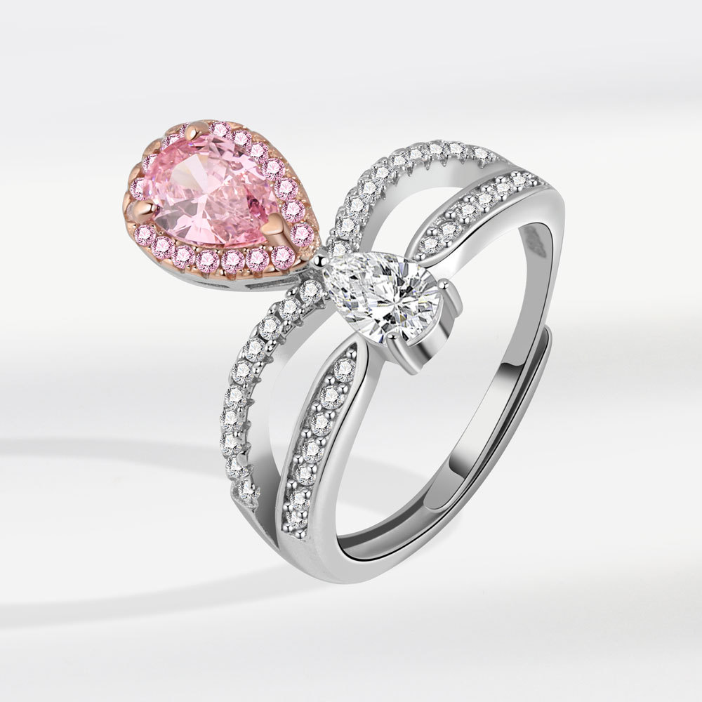 彩色珠宝仿真钻戒指女设计感小众粉钻水滴微镶新款皇冠双层钻戒女