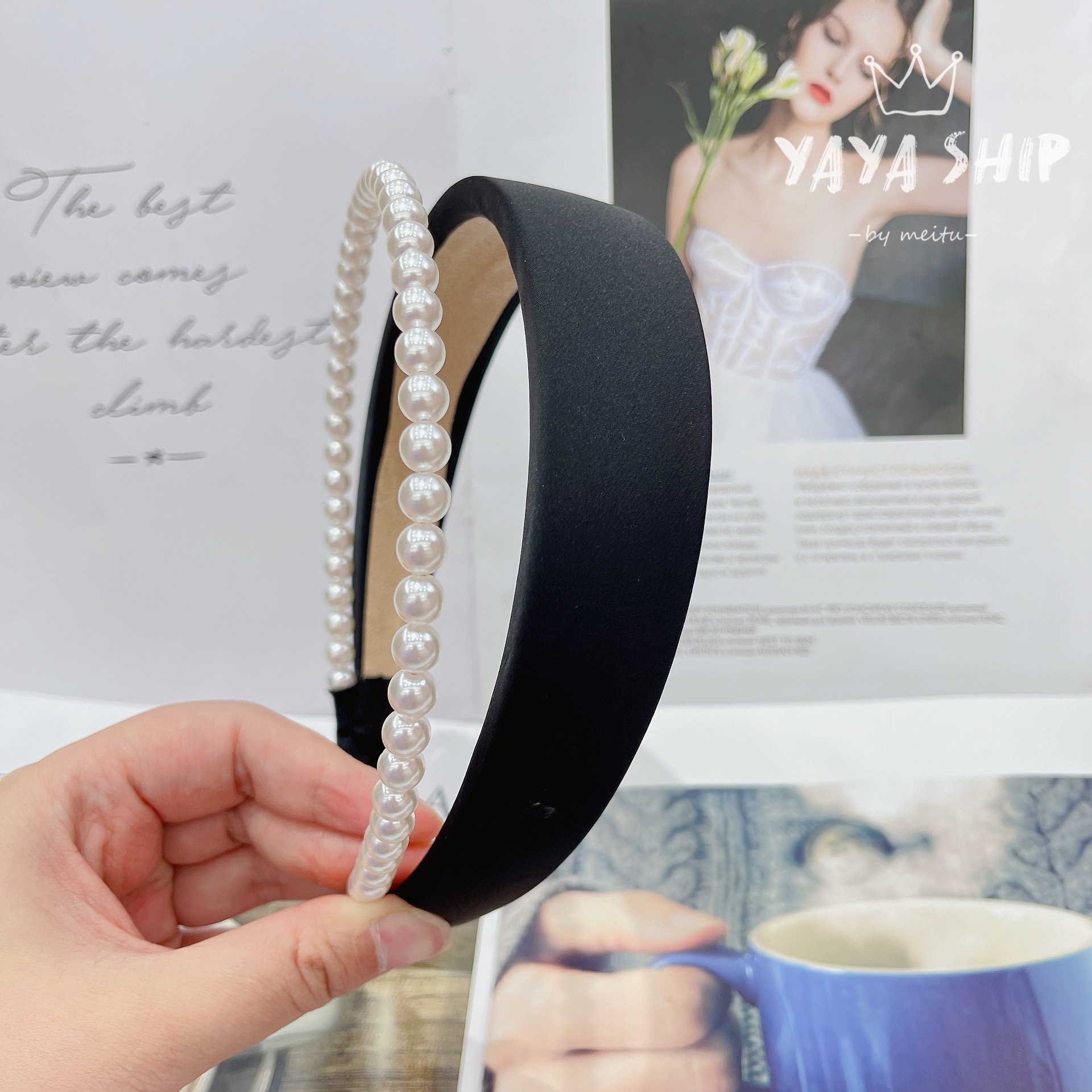 South Korea Dongdaemun Wide-Brimmed Sponge Satin Solid Color Live Broadcast Internet Celebrity High-End Spring Pearl Headband Factory Wholesale