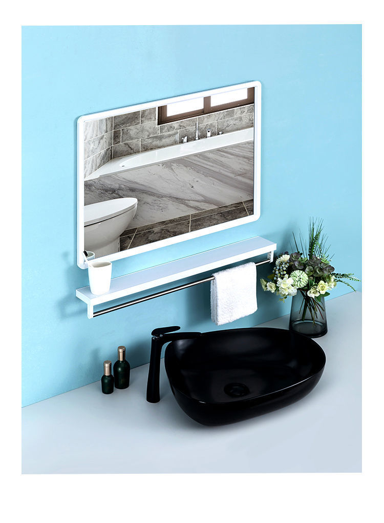 浴室镜子带置物架欧式方形浴室镜免打孔化妆镜自粘壁挂式洗手间