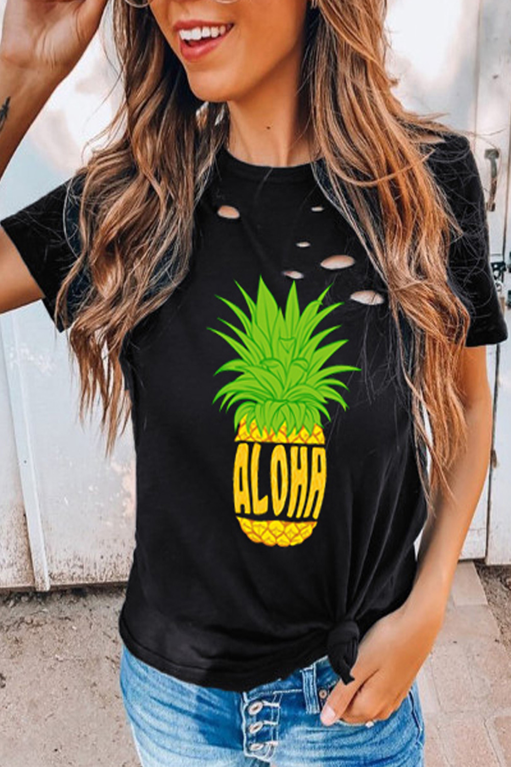 独立站shopify亚马逊跨电商女菠萝印花破洞女t恤欧美女上衣