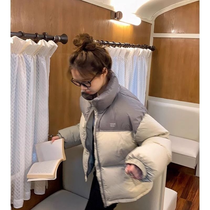 2025冬季韩版小个子羽绒棉服短款宽松拼色面包外套