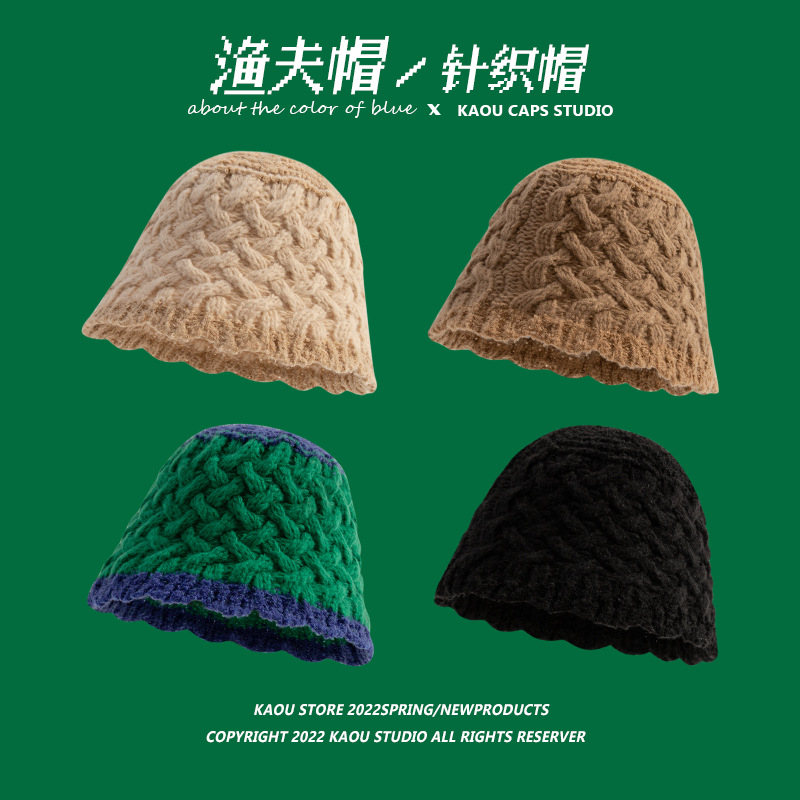 日系撞色荷叶边手工编织水桶帽子女秋冬百搭毛线针织渔夫帽显脸小