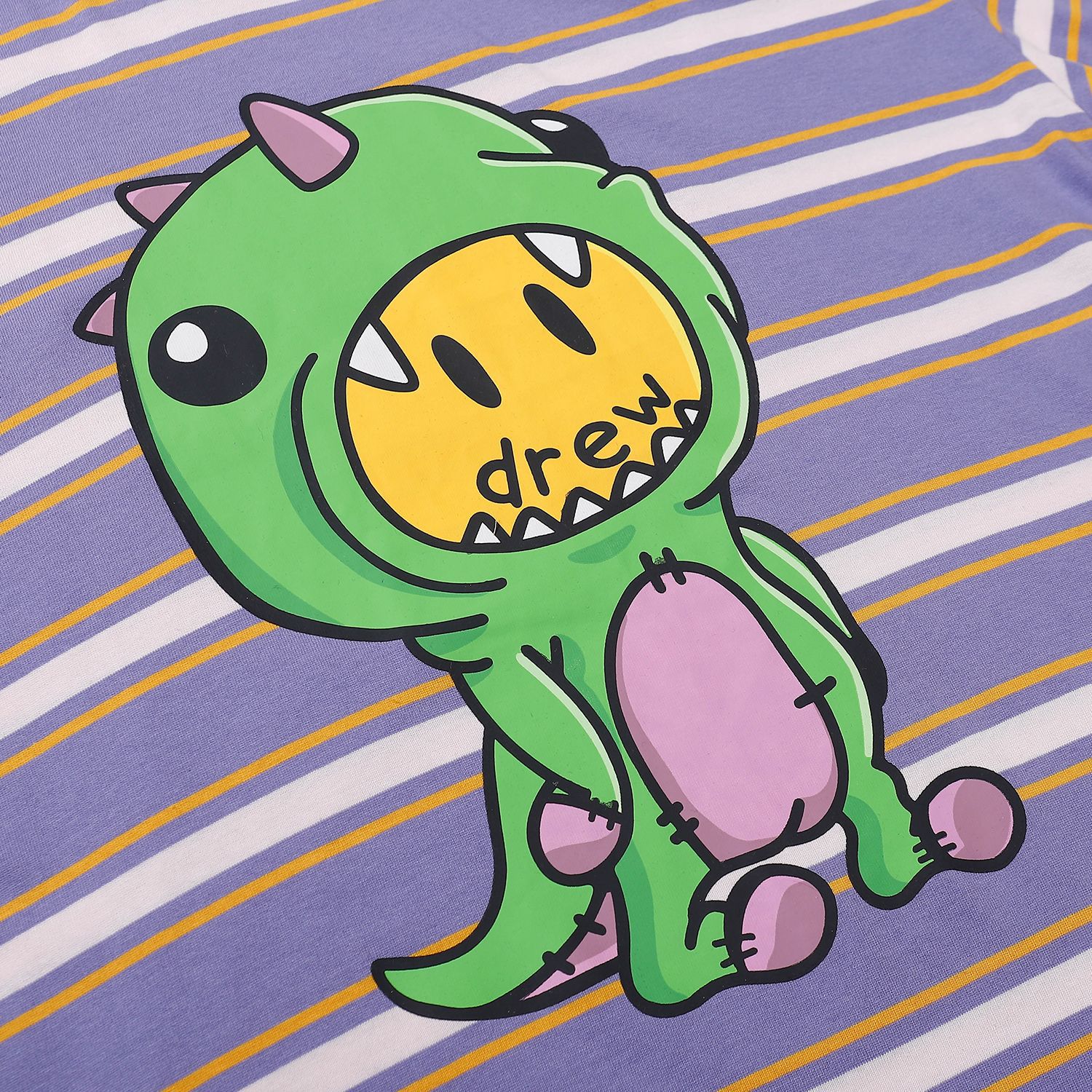 drew恐龙笑脸短袖卡通印花圆领条纹宽松高街t恤男女同款情侣fog
