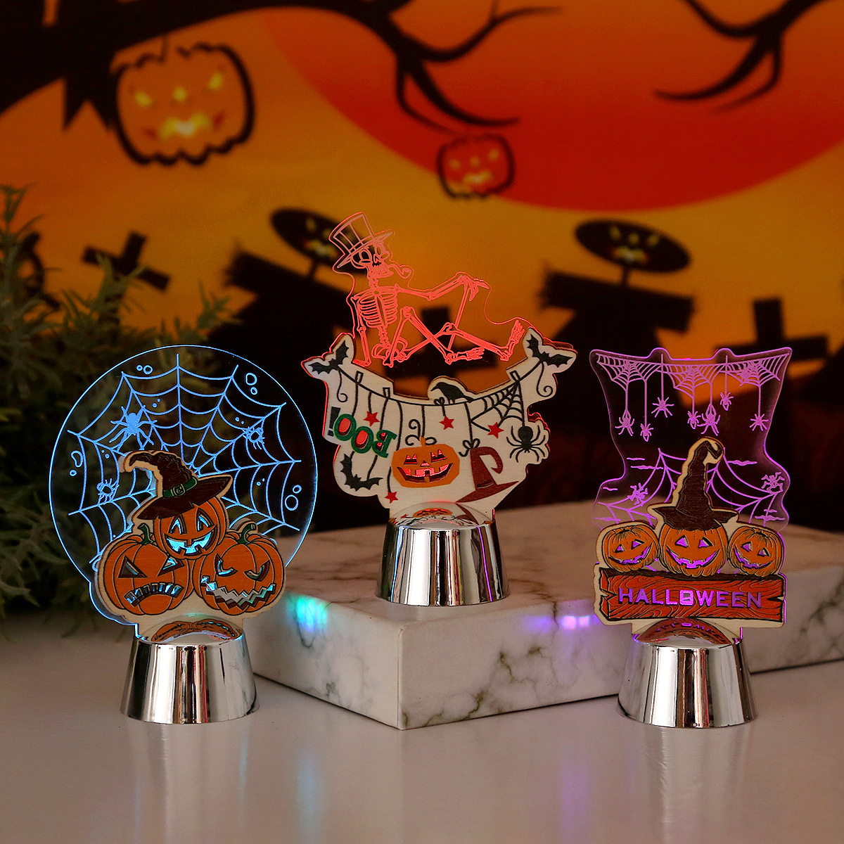 Acrylic Decoration 3d Desktop Small Night Lamp Halloween Atmosphere Decoration Lamp Carved Skull Pumpkin Lighting