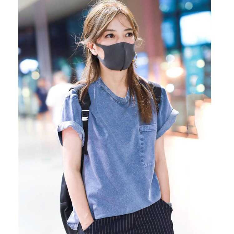2021夏季明星机场同款牛仔蓝色宽松口袋t恤女