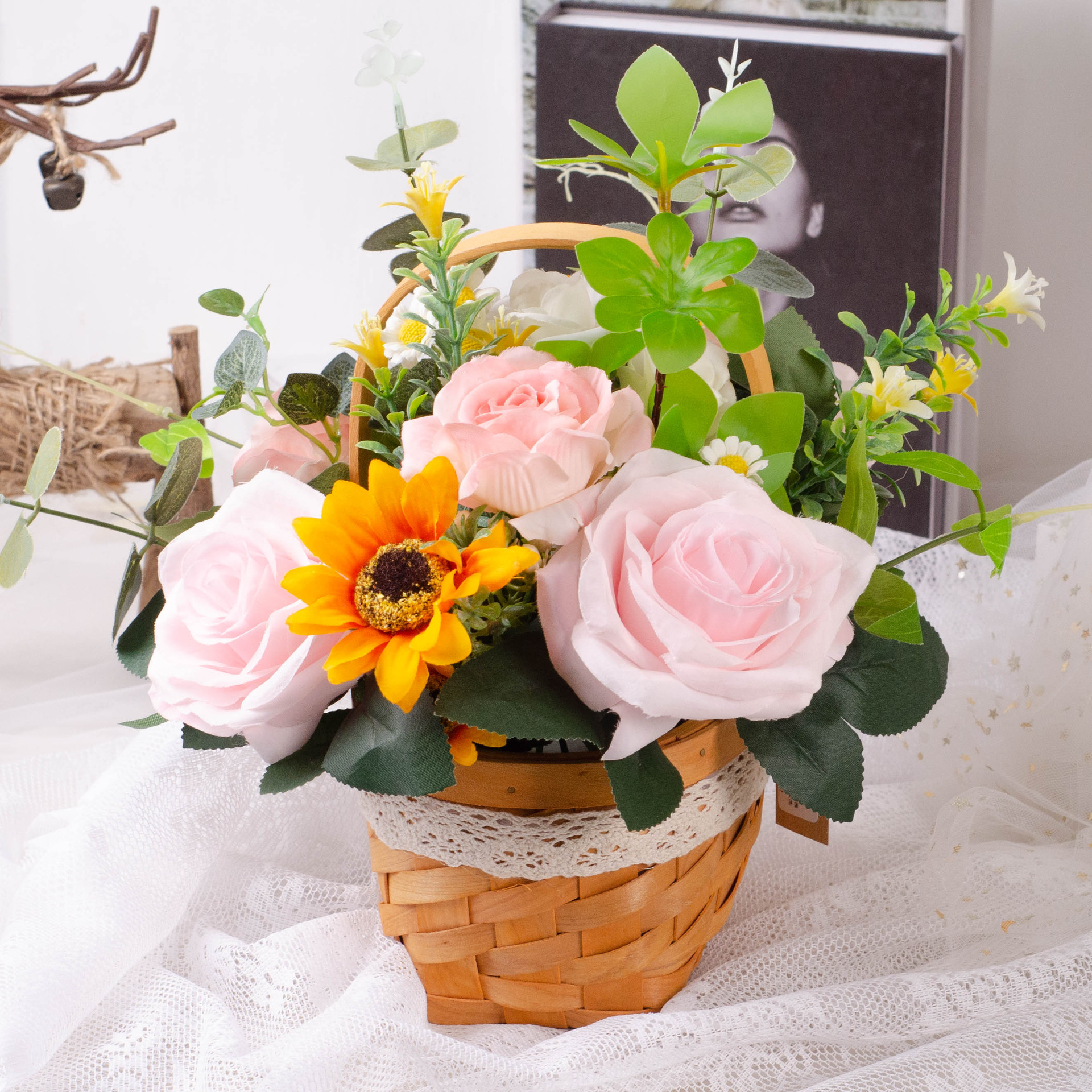 春天唯美小清新款手提花篮春色牡丹玫瑰 家居客厅后花园门前装饰