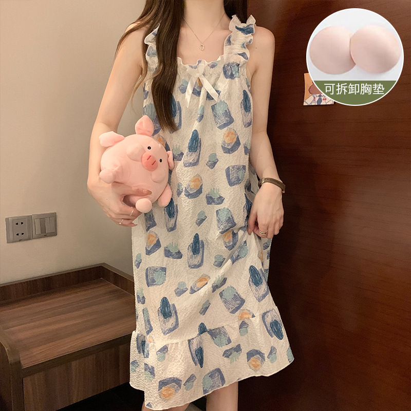 Summer with Chest Pad Removable Slip Nightdress Thin Sweet Fairy Wind Woven Bubble Cotton Can Be Outerwear Homewear