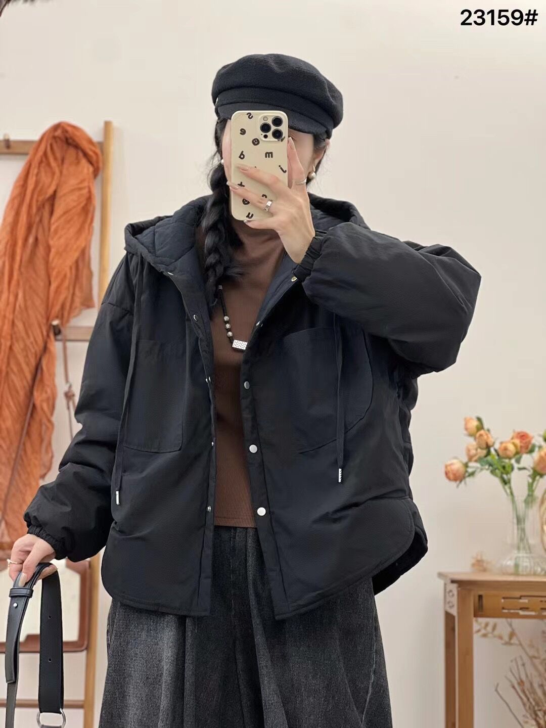 新品休闲宽松纯色棉服女复古洗水棉连帽棉衣外套-阿里巴巴