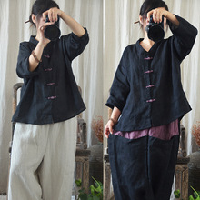 自制传统手工缝制盘扣长袖上衣 中式民族风苎麻原创棉麻女装衬衫