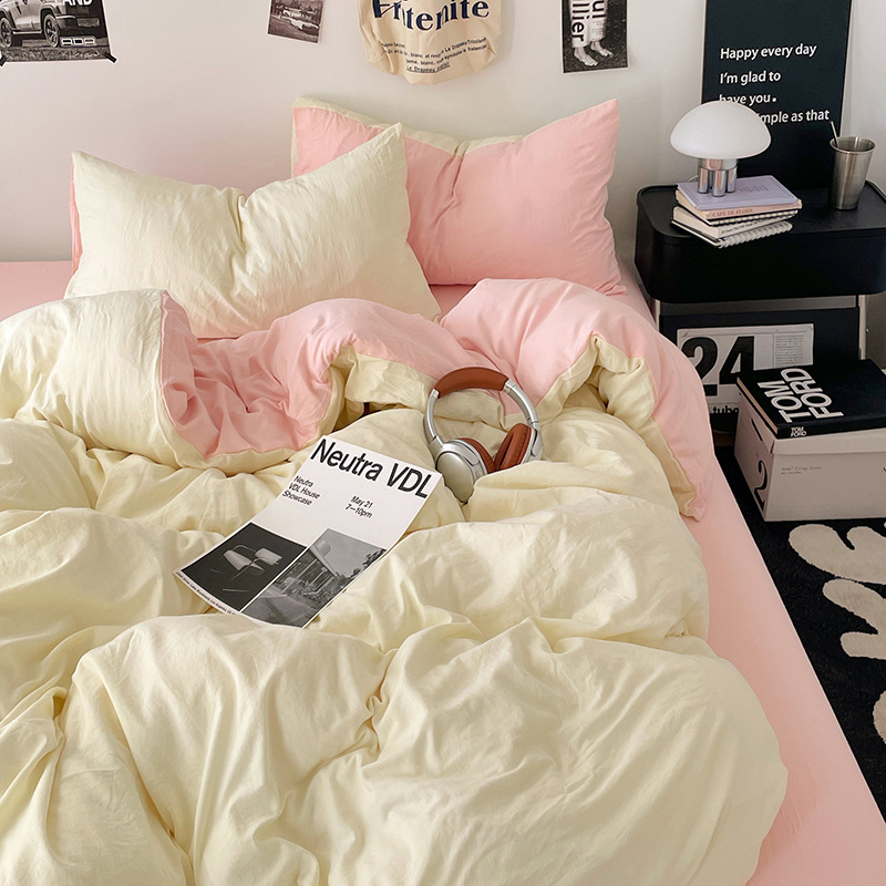 【质价甄选】简约纯色双拼ins风柔软亲肤水洗棉三四件套床单被套