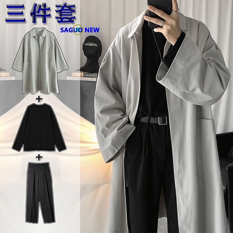 trench coat men‘s suits men‘s autumn trendy three-piece clothes a set of men‘s korean style handsome student coat mid-length