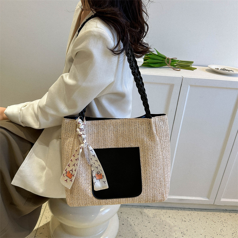 Summer Popular New Fashion Large Capacity Straw Tote Bag Women's Bag 2023 High-Grade Silk Scarf Casual Shoulder Bag