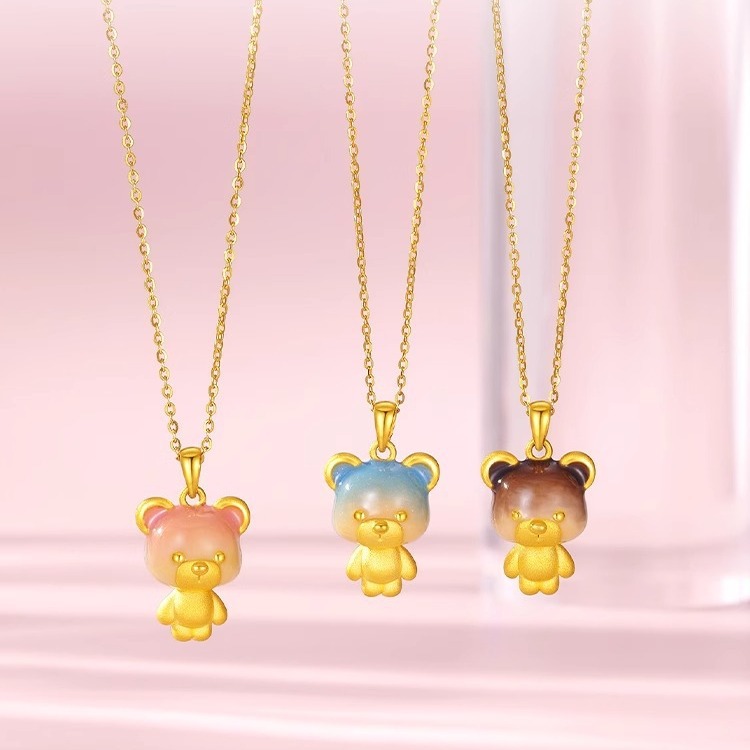 999足金吊坠金包银 黄金小熊项链贵大福同款多巴胺吊坠送女友礼物