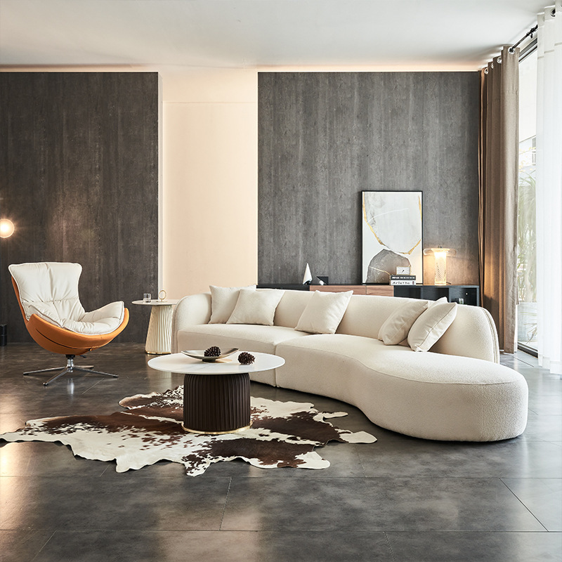 现代轻奢布艺沙发异形弧形意式极简约风格羊羔绒乳胶设计师白色