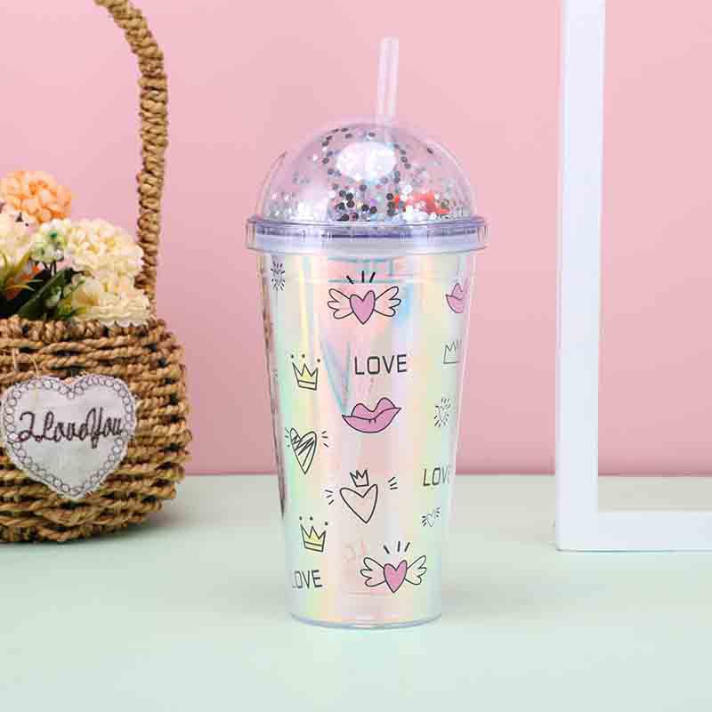 Summer Creative Cold Preservation Double-Layer Plastic Cup Portable Student Household Cold Drink Cup with Straw Cute Crushed Ice Cup