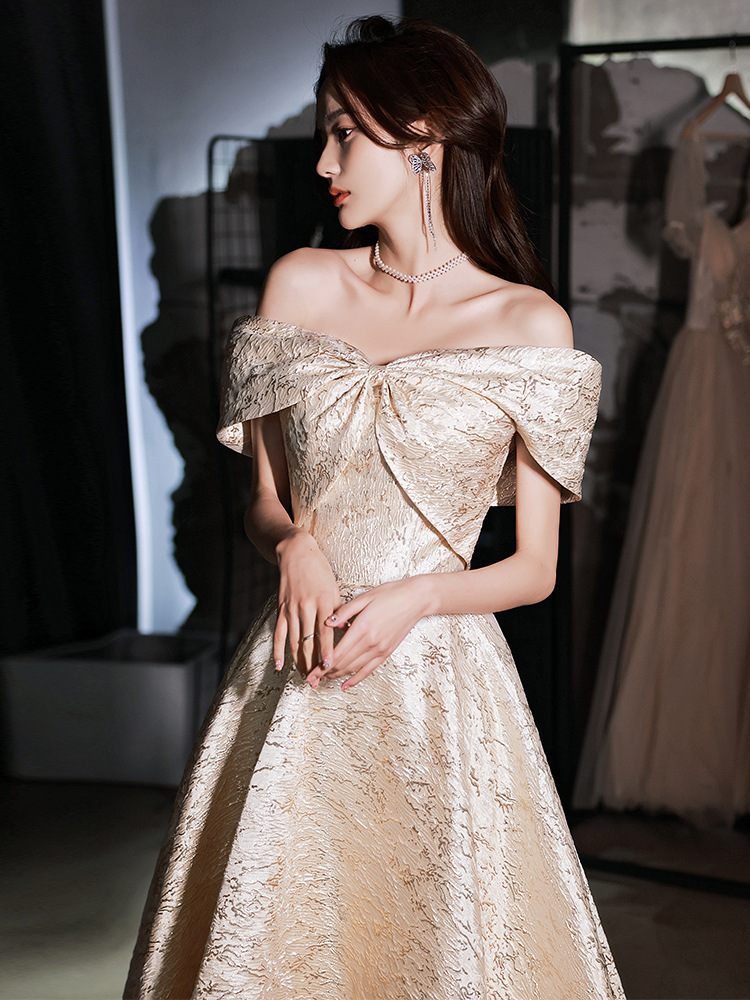 一字肩金色优雅晚礼服裙女2022年夏季新款法式气质宴会气质连衣裙