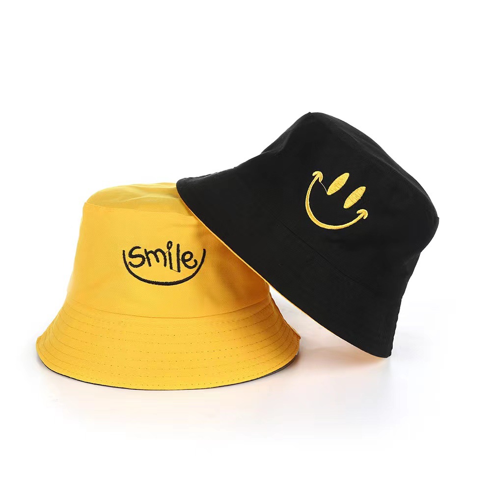 Double-Sided Smiley Face Bucket Hat Korean Style Embroidered Two-Side Sun Hat Four Seasons Universal Bucket Hat Foreign Trade Western Style Hat