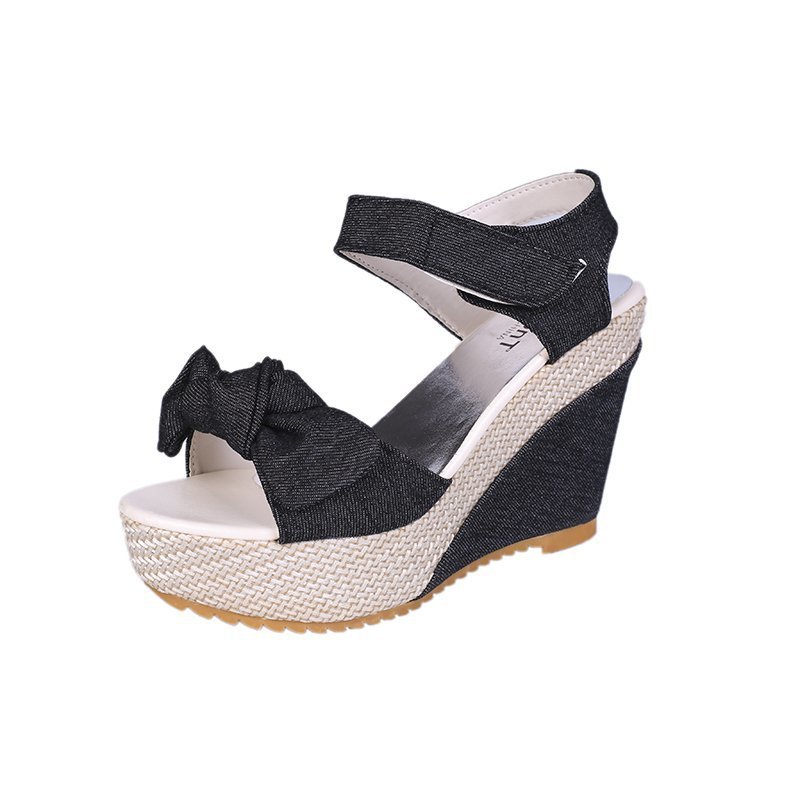 11cm Super High Heel Sandals Women's Summer Platform Wedge Bow Velcro Muffin Beach Shoes Women's Foreign Trade Cross-Border