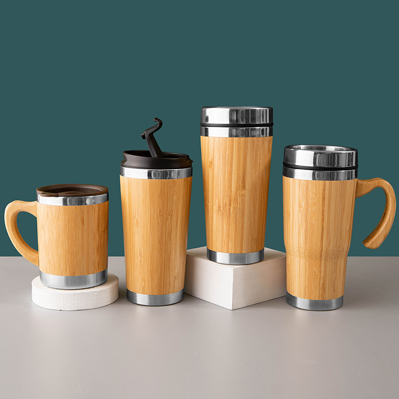 New Creative Bamboo Shell Coffee Cup with Handle 304 Stainless Steel Vacuum Cup Casual Business Give as Gifts Cup