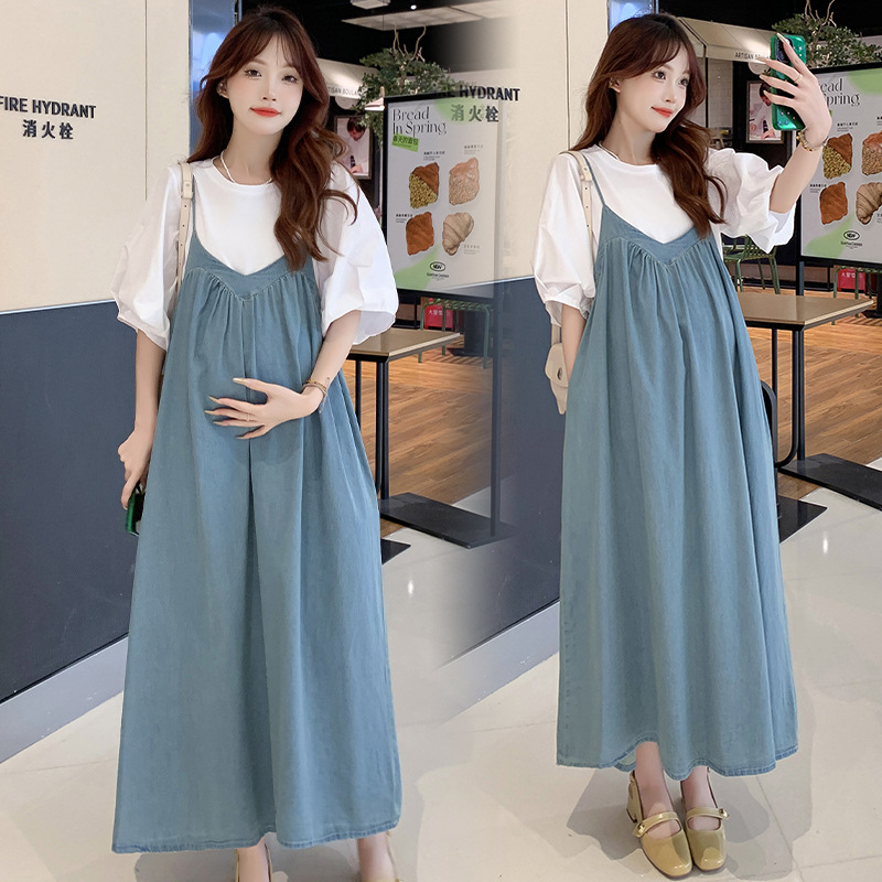 实拍 孕妇装夏季套装柔软天丝牛仔短袖大码背带连衣裙两件套-阿里巴巴