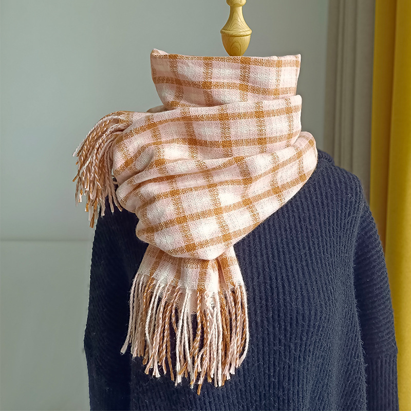 Women‘s Cashmere Plaid Scarf Autumn and Winter New Student Versatile British Style Retro Korean Type Couple Dual-Use Scarf