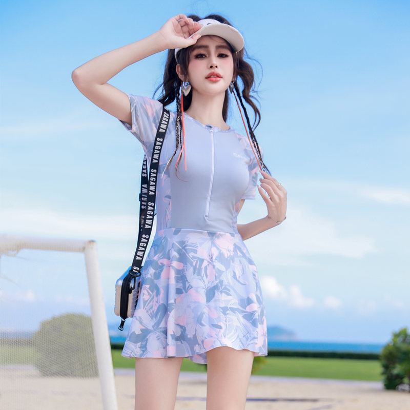 时尚运动休闲韩版拼色收腰遮肚显瘦半拉链连衣裙式度假温泉泳衣女
