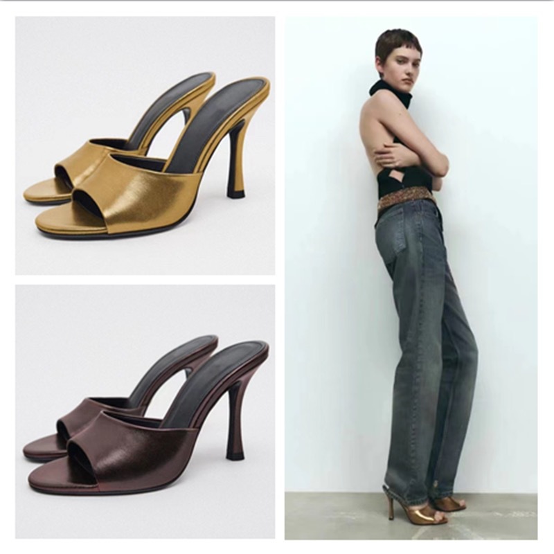 新品2024欧美法式高跟细跟露趾一字带金属系后空露跟凉鞋女-阿里巴巴