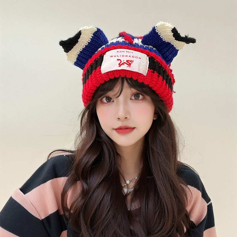 Korean Niche Design Contrast Color Cute Cat Ears Autumn and Winter Woolen Hat Thickened Warm Knitted Hat Children Beanie Hat