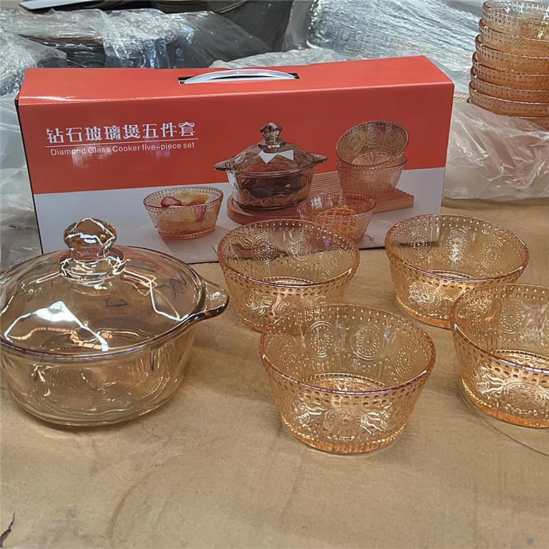 Amber Glass Bowl Three-Piece Suit Binaural Crystal Pot Household Eating Bowl Pot Five-Piece Set Jewelry Store Celebration Activity