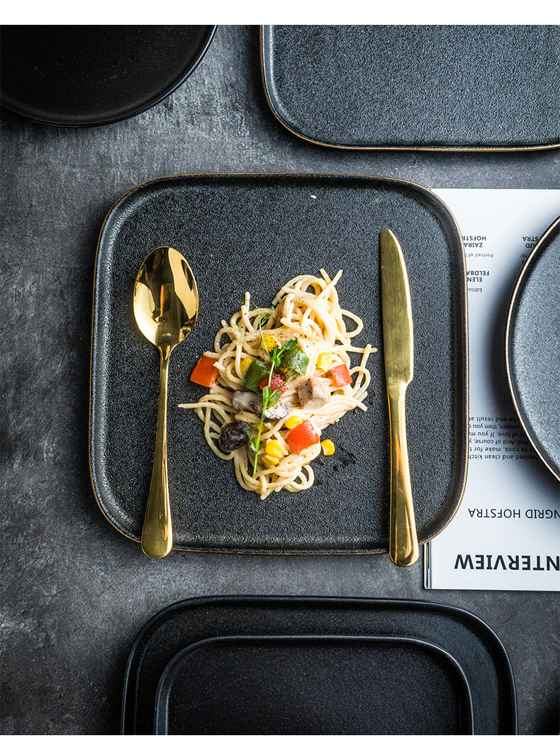 高档西餐盘黑色磨砂牛排餐盘西式家用牛排盘子刀叉套西餐厅牛排盘