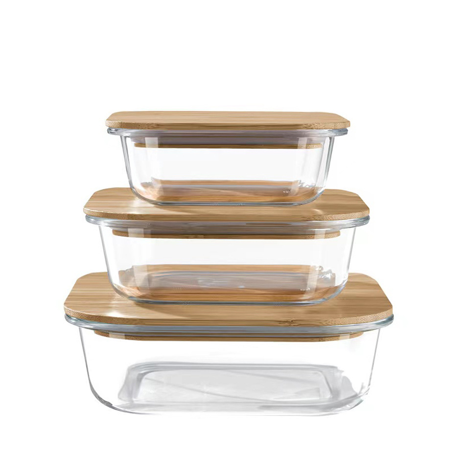 Bamboo Wood Cover Wooden Lid Glass Crisper Wooden Lid Glass Bowl Refrigerator Sealed Lunch Box Borosilicate Glass Bowl Fresh Lunch Box