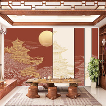 中式大气宫廷建筑壁画复古中国风故宫红墙布餐厅茶室装饰背景墙纸