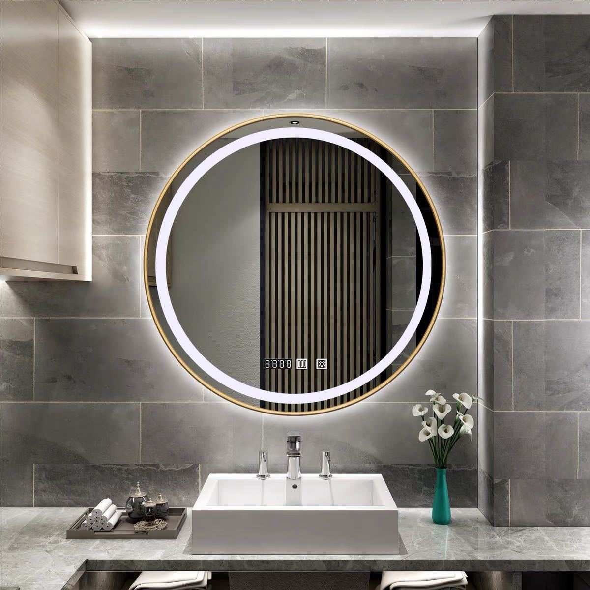 圆形智能浴室镜壁挂卫生间镜子带灯防雾卫浴镜铝合金边框led灯镜