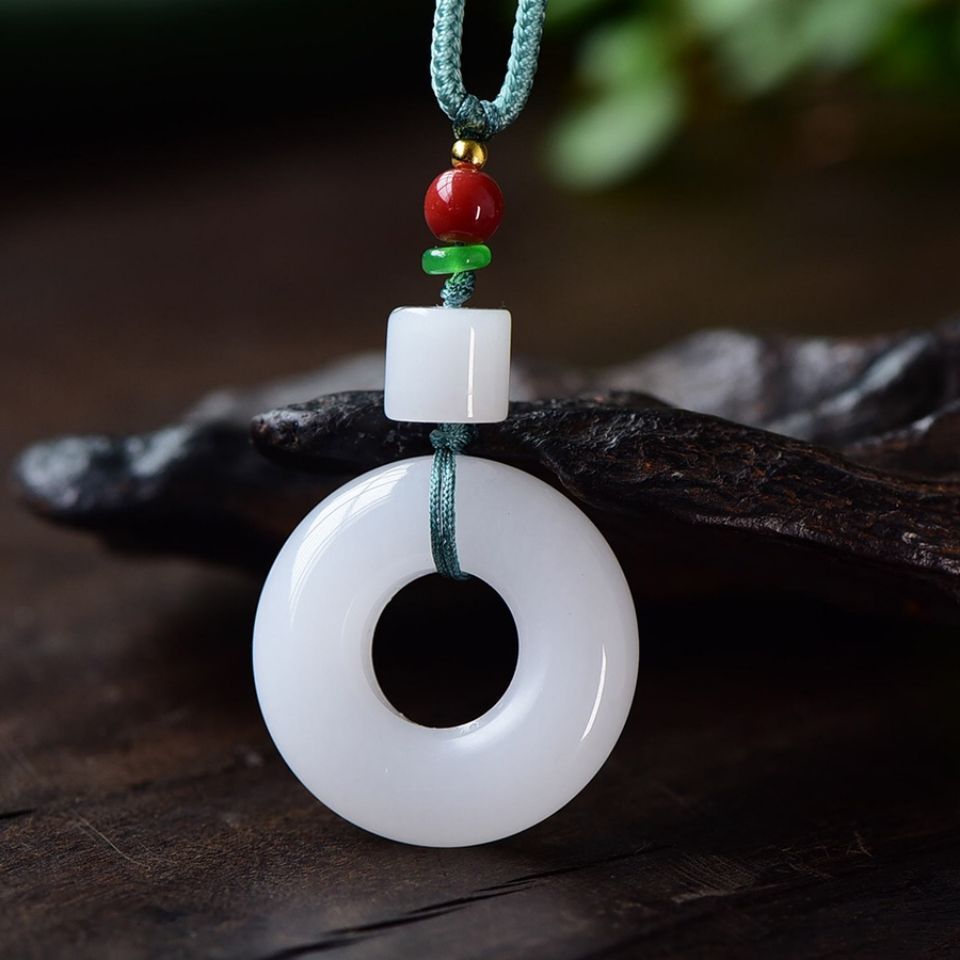 新疆白玉金丝玉平安环圆环吊坠情侣天圆地方面包圈挂件毛衣链饰品