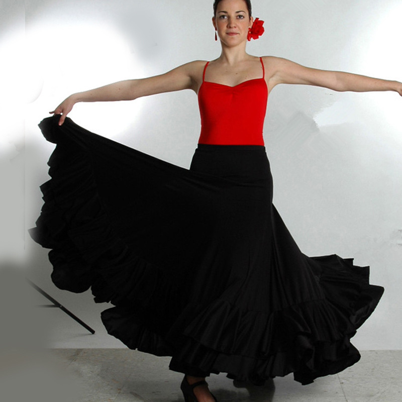单层荷叶边弗拉明戈舞裙大摆摩登舞练习裙肚皮舞西班牙斗牛舞红裙