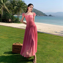 性感粉色收腰显瘦网纱短袖连衣裙仙女夏季温柔风气质裙子褶皱长裙