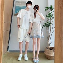 小众设计感情侣装夏装韩版短袖T恤裙套装男女两件套一裙一衣ins潮