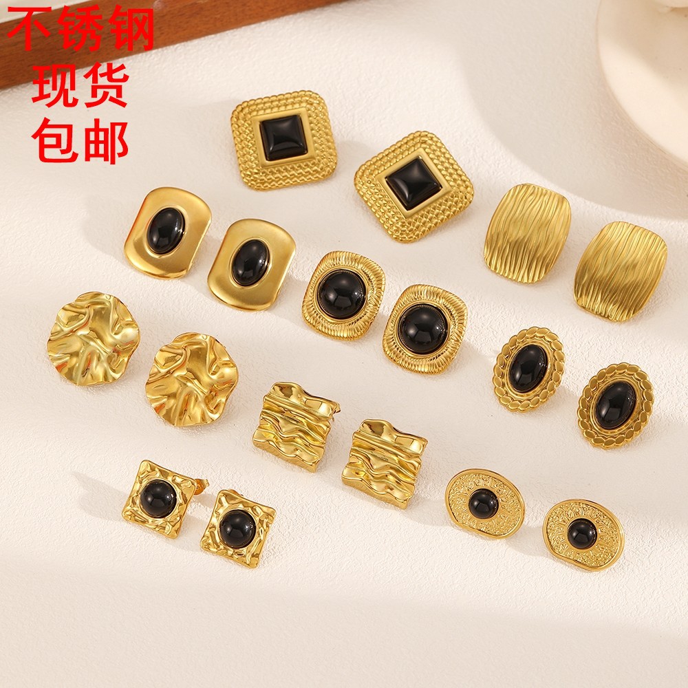 欧美新品不锈钢耳钉 跨境钛钢夸张耳环18k金女首饰高级感黑色耳饰