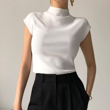 韩国chic夏季新款显瘦百搭包芯纱后背拉链复古半高领针织衫上衣女