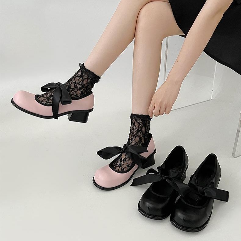 Black Japanese Style Skirt Chunky Heel Platform Mary Jane Leather Shoes Women's Summer 2023 New round Toe Pumps