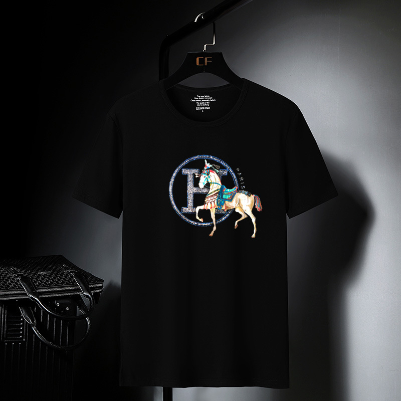 欧洲站 t恤男潮牌薄款3d体恤h马 烫钻短袖莫代尔情侣潮流圆领男装