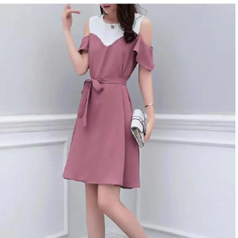 大码女装2022夏装洋气裙子 胖mm时尚拼色露肩上衣遮肚显瘦连衣裙